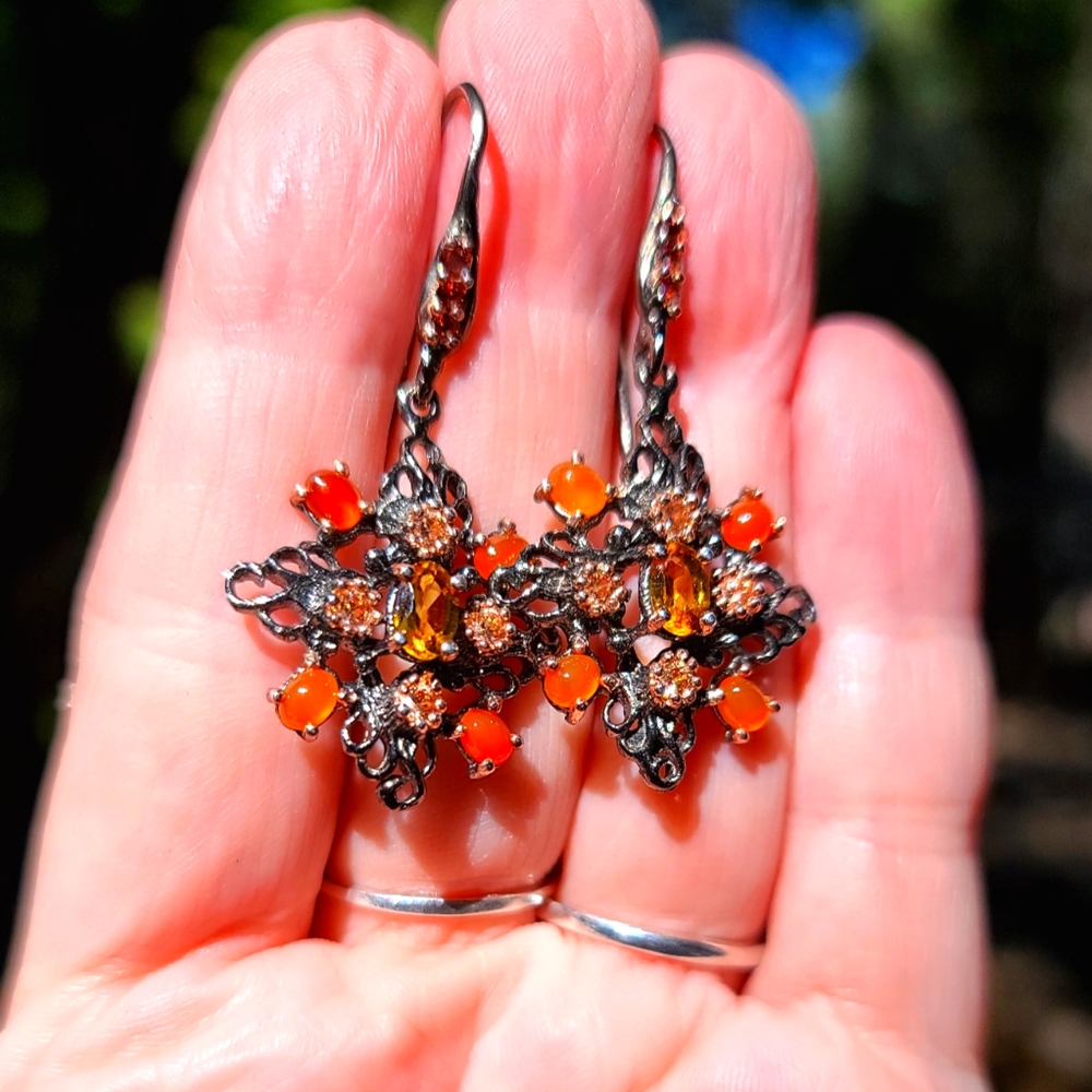 Natural Carnelian Citrine & garnet Sterling silver ornate earrings